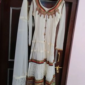 White Net Anarkali Suit With Dupatta