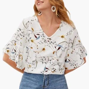 Botanical Print Long-Sleeve Blouse - Size Medium