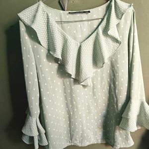 MADAME Mint Green White Polka Dot Top