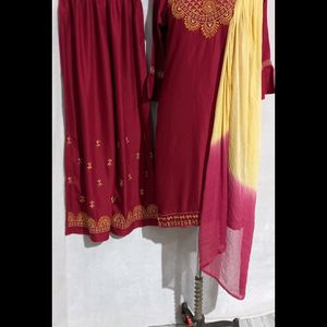 Xxl Size Embroidered Plazo Kurti Set With Dupatta