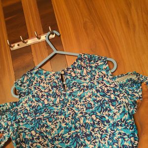 Blue & White Floral Printed Cold-Shoulder Top