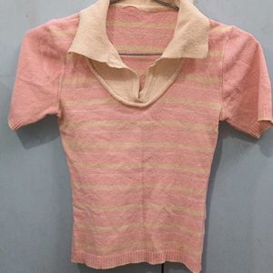 Y2k Pink Stripe Collar Top