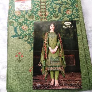 Trendy Green Cotton Dress Material With Dupatta