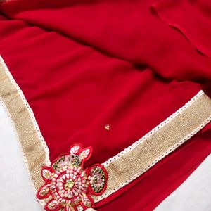 Woww Red Shady Saree With Patchwork