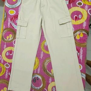 Beige Wide Leg Cargo Jeans For Women