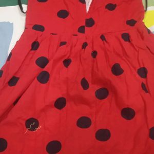 Girl Red Frock With Black Dots Used