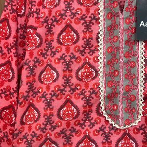 Red Floral Cotton Kurta For Women