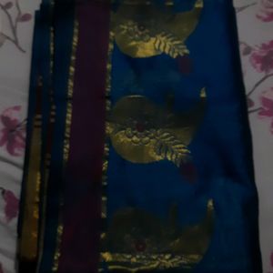 Blue Maroon Golden Jori Border Linen Saree