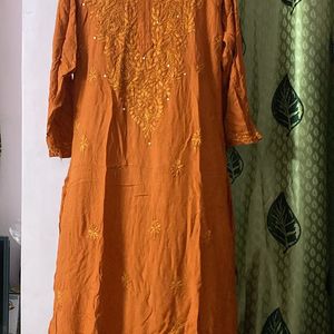 Rust Orange Rayon Mukaish Chikankari Kurta