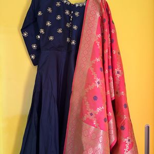 Navy Blue Anarkali With 2 Duppatas