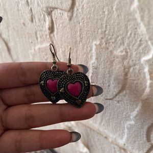 PINK HEART OXIDIZED EARRING