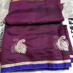 Dark Purple Embroidery Work Saree with Blouse