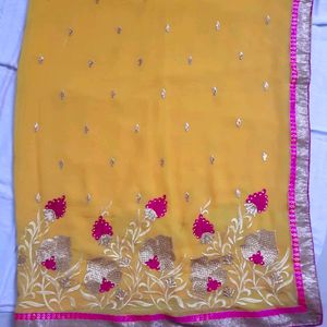 Gorgeous Mustard Silk Saree With Pink Embroidery