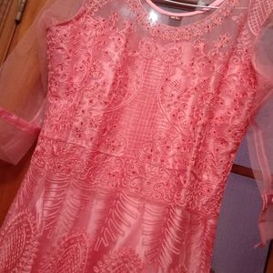 Pink Gown With Net Neck Layer