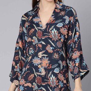 Navy Blue Floral Short Kurta