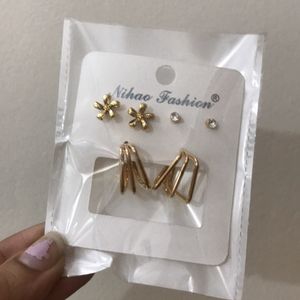 Set Of 3 Gold Stud Earrings For Women