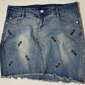 Ginger-Kitty Embroidery Denim Skirt