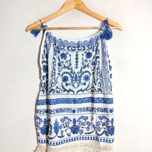 White With Navy Blue Embroidery Tops (Women's)