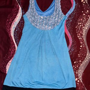 Blue Color Tunic Dress With Flower Work