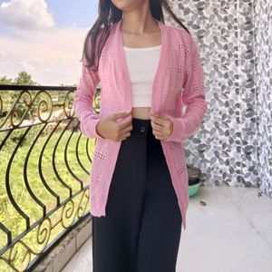 Pink Cardigan With White Crop Top