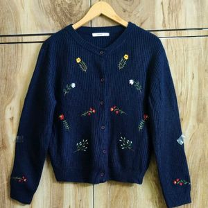 Dark Blue Embroidery Work Cardigan Size-38