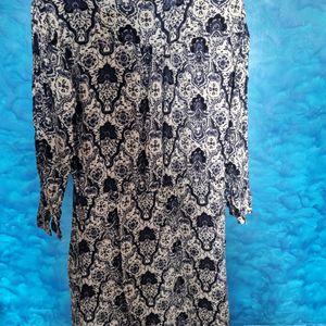 White and Navy Blue Printed ALine Dress