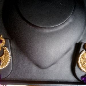 Beautiful Golden And Purple Kundan Stone Chandbali Earring