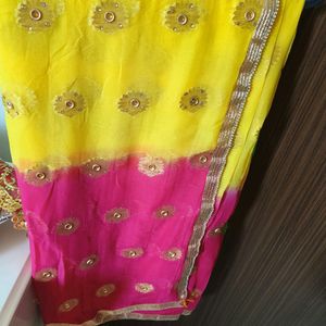 Yellow Green And Pink Combination Saree