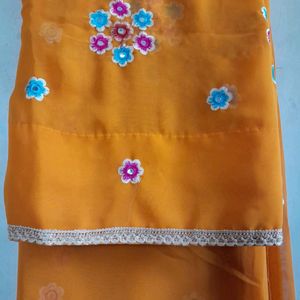 Flower Embroidered Orange Saree