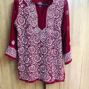 Beautiful Maroon Chikankari Short Kurti