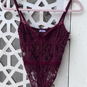 Burgundy Lace Detail Fitted Bodysuit