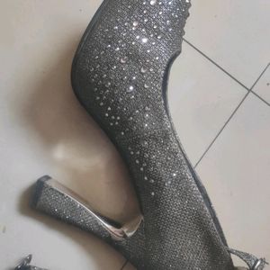 Grey Party Wear High Heels With Stones