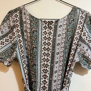 Korean Green Pattern V Neck Dress