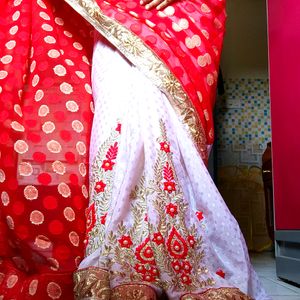 Very Gorgeous Red And White Coloured Chiffon Saree