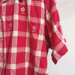 Red Cotton Check Shirt With Embroidery