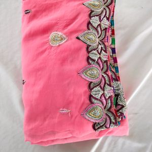 Pink With Embroidery Border Sarees