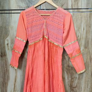 Coral Colour Cotton Long Kurti Bust Size-34