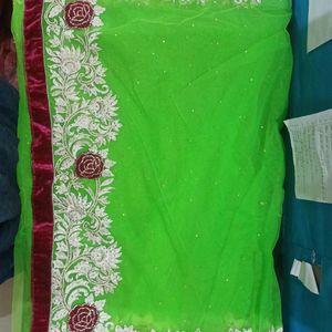 Net Saree, Neon Green Color With Heavy Embroidery.