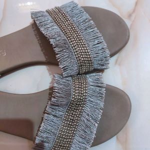 Women's Grey Embellished Flat