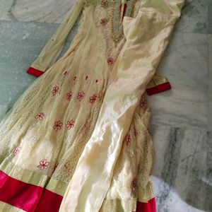 Crem And Red Color Mix Gown Full Set