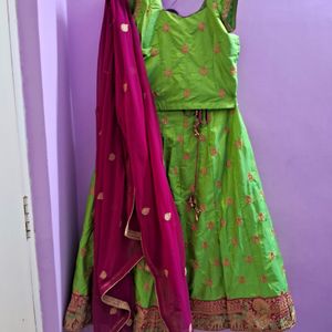 Green Colour Lehenga Choli With Pink Dupatta