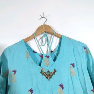 Long Printed Kurta Cyan Color