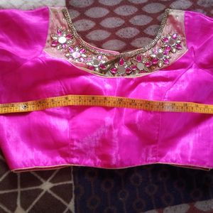 Designer Padded Pink Silk Blouse With Mirror Work And Stylish Back