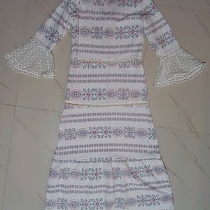 White Printed Bell Sleeves A- Line Dress