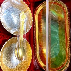 Gold Plated Bowls And tray With Spoon Set Ideal Fo