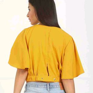 Casual Flared Sleeves Solid Women Yellow Top