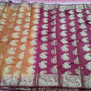 ORANGE BODY BICOLOUR PALLU SAREE WITH FULL BODY WORK- ONLY ONCE WORN