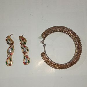 Combo Offer Of Golden Bracelet And Multi Coloured Golden Earrings