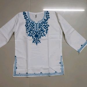 White With Blue Lucknowi Short Kurti