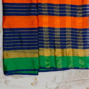 Traditional Orange With Green Blue Border Saree